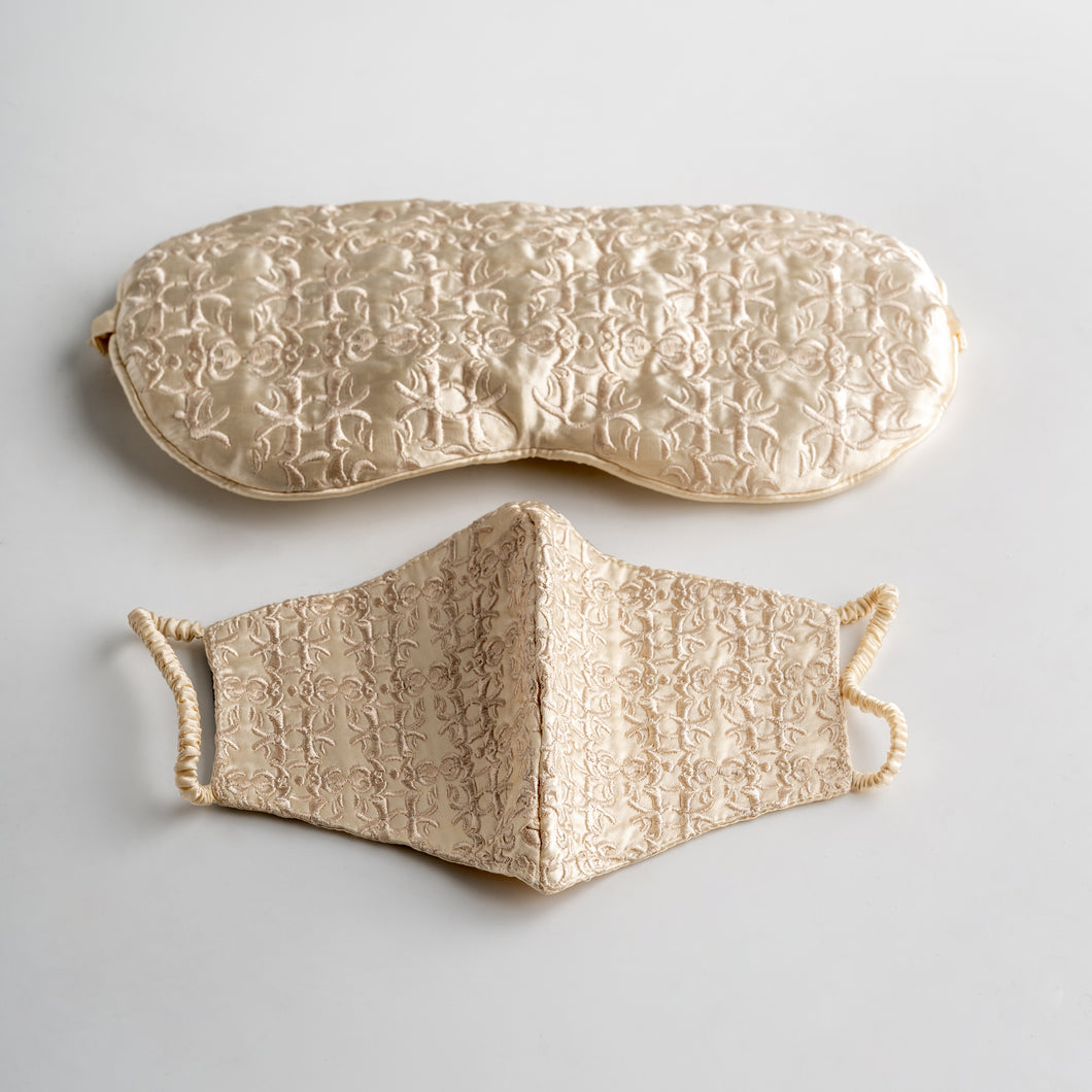 THE KESEH | Embroidered Silk Travel Face Mask In Sand