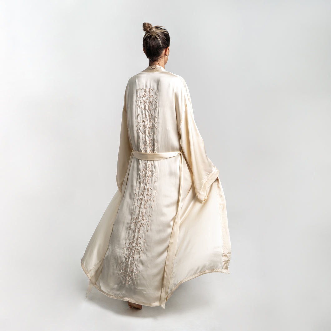 THE KAJE | Embroidered Italian Silk Kimono In Sand